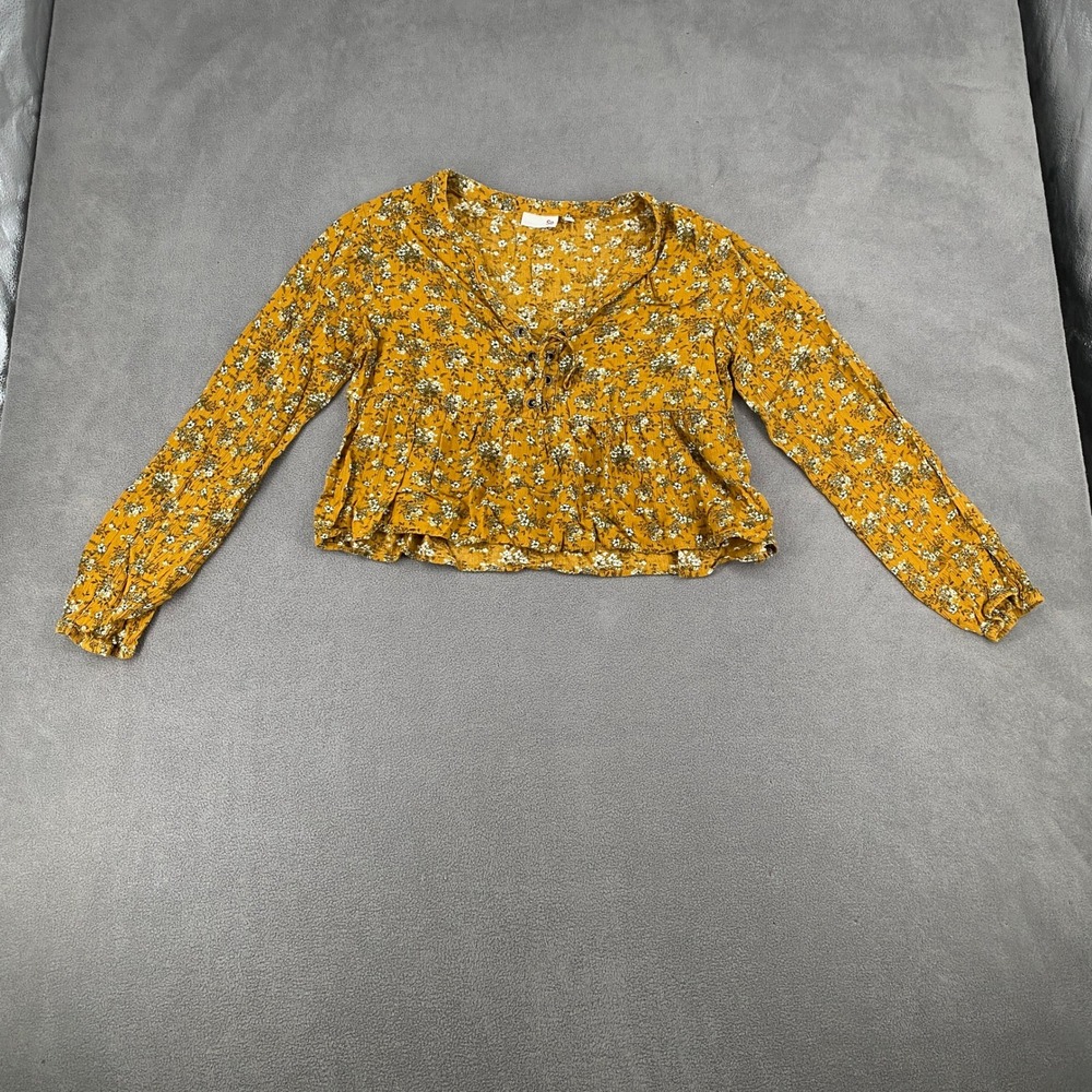 So Yellow Floral Lace Up Peplum Top Long Sleeve‎ Small Boho Rayon